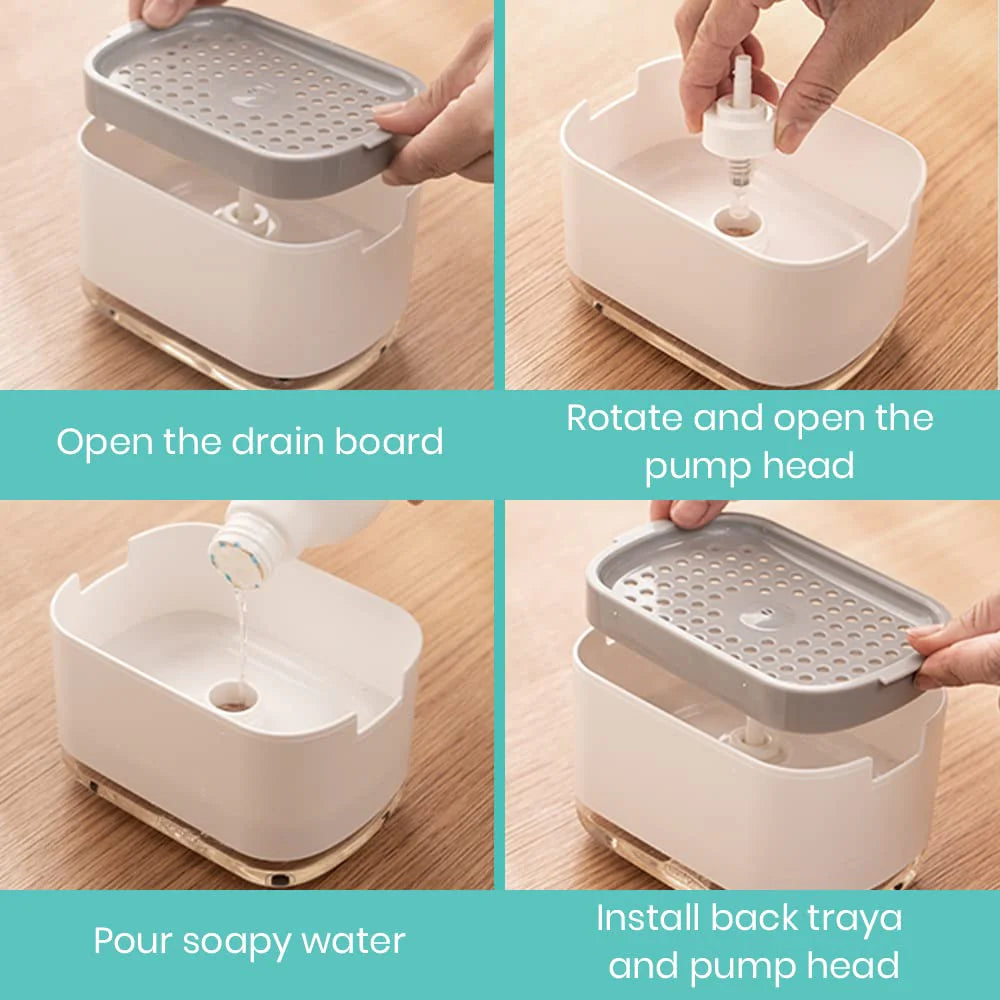 موزع صابون للمطبخ مع حامل إسفنجي، سعة 300 مل، موزع صابون سائل 2 في 1