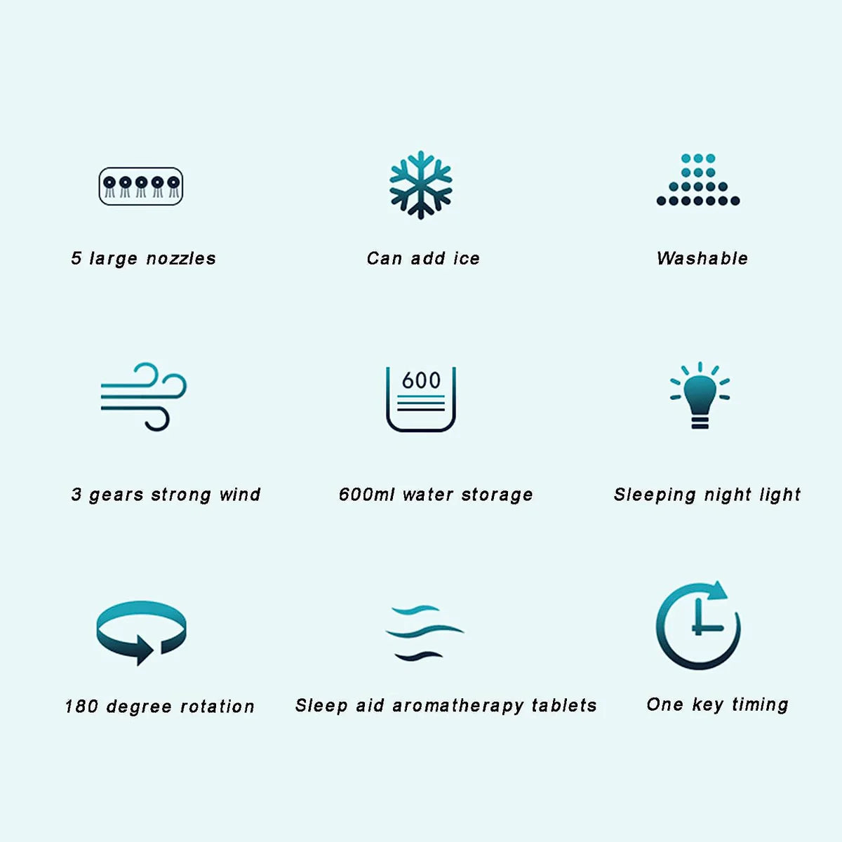 مروحة مكتبية محمولة مزودة بمبرد هواء وموزع هواء مع مصباح ليلي ومؤقت