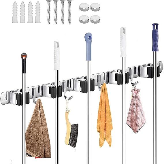 Wall Mount Stainless Steel 4 Hooks Broom Mop Holder
