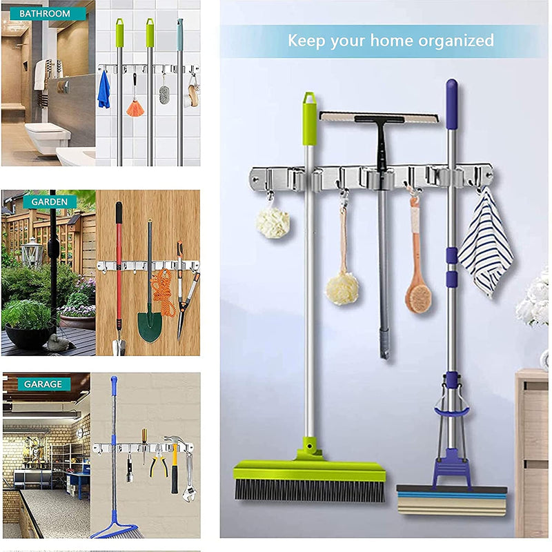 Wall Mount Stainless Steel 4 Hooks Broom Mop Holder