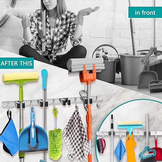Wall Mount Stainless Steel 4 Hooks Broom Mop Holder