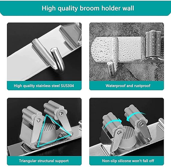 Wall Mount Stainless Steel 4 Hooks Broom Mop Holder