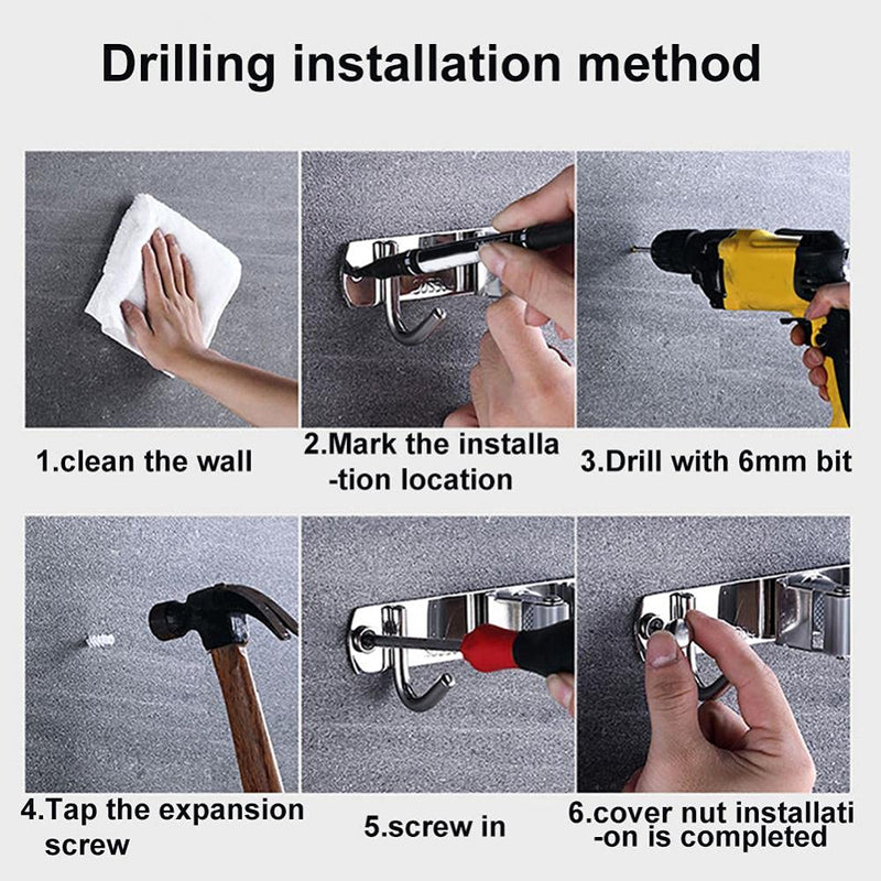 Wall Mount Stainless Steel 4 Hooks Broom Mop Holder