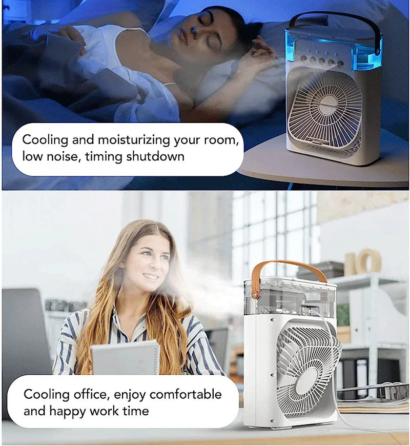 مروحة مكتبية محمولة مزودة بمبرد هواء وموزع هواء مع مصباح ليلي ومؤقت