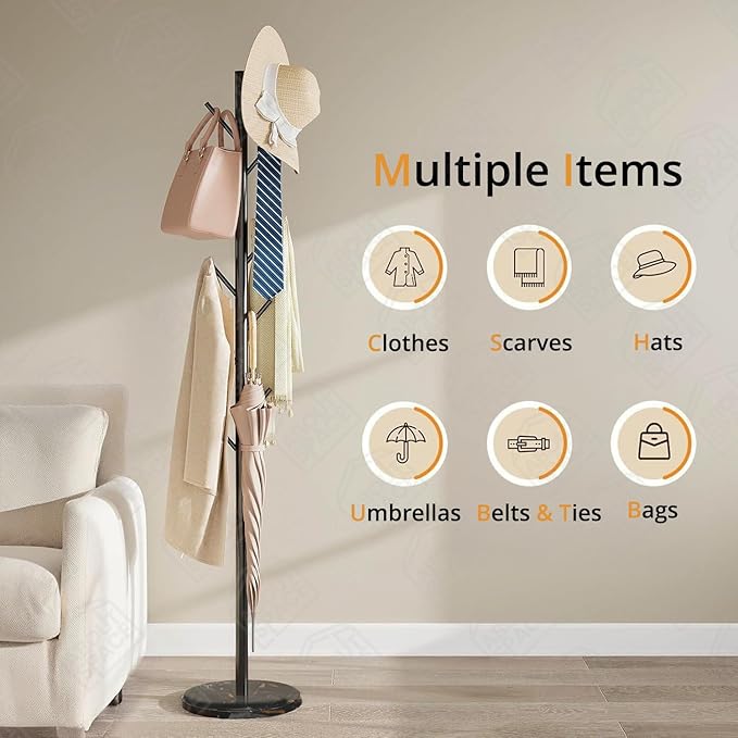 Freestanding Clothes Rack with 8 Hooks, remium Bamboo Wooden Coat Rack Stand