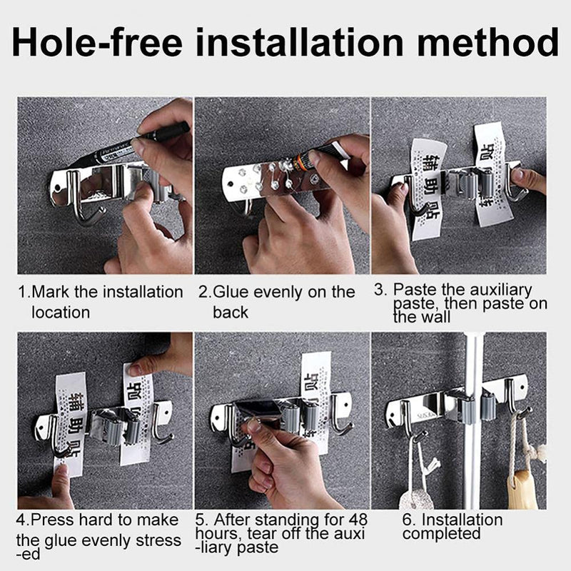 Wall Mount Stainless Steel 4 Hooks Broom Mop Holder