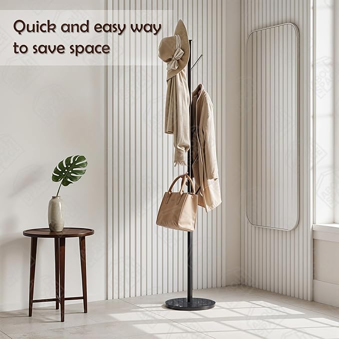 Freestanding Clothes Rack with 8 Hooks, remium Bamboo Wooden Coat Rack Stand