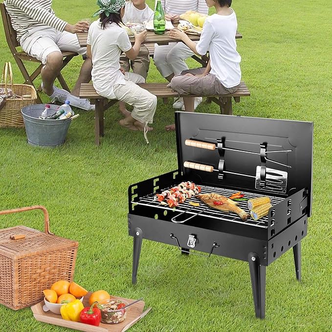 Outdoor folding charcoal barbecue grill, portable box type small BBQ grill, windshield design (Grill)
