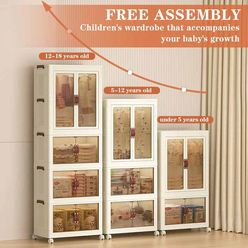 Stackable & Foldable Storage Cabinet with Doors and Wheels
