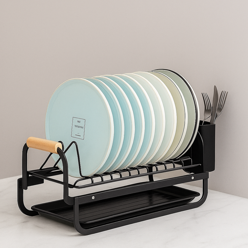 Kitchen Dish Drainer with Cutlery Holder and Wooden Handle