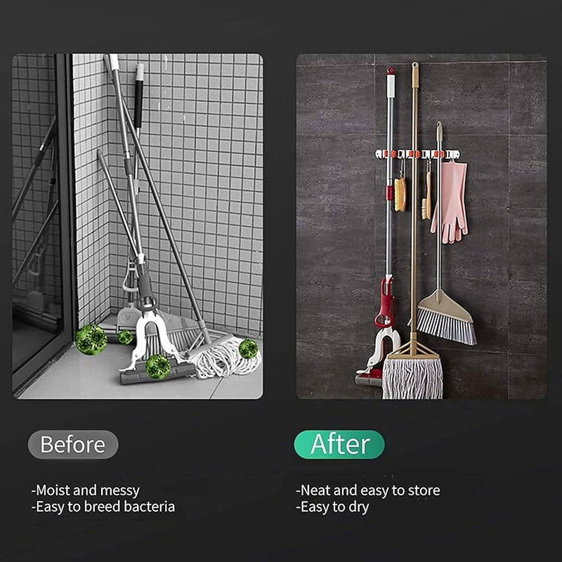 Wall Mount Stainless Steel 4 Hooks Broom Mop Holder