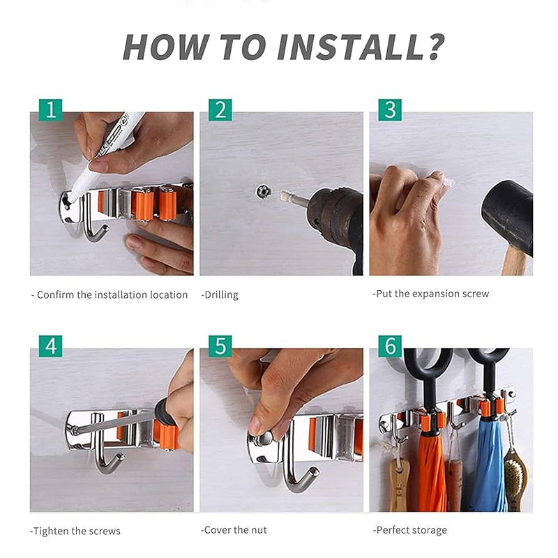 Wall Mount Stainless Steel 4 Hooks Broom Mop Holder