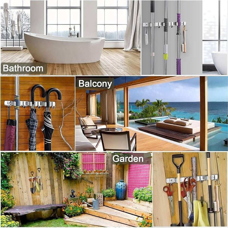 Wall Mount Stainless Steel 4 Hooks Broom Mop Holder
