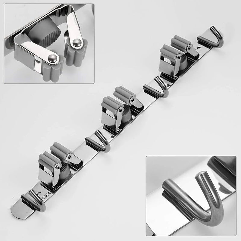 Wall Mount Stainless Steel 4 Hooks Broom Mop Holder