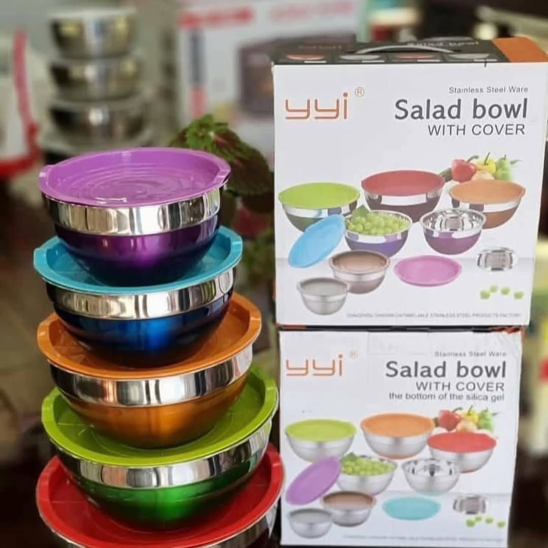 وعاء سلطة من الفولاذ المقاوم للصدأ مع غطاء