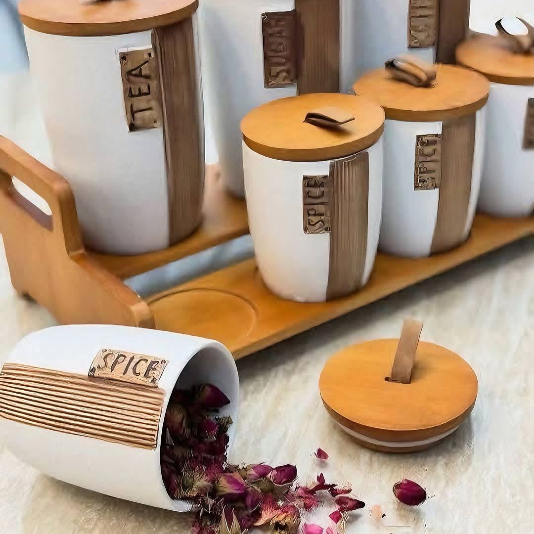 Ceramic Kitchen Storage with Wooden Stand- Pack of 7