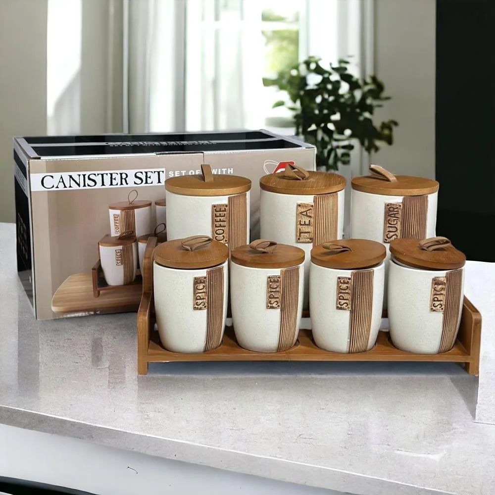 Ceramic Kitchen Storage with Wooden Stand- Pack of 7