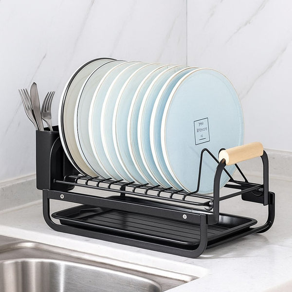 Kitchen Dish Drainer with Cutlery Holder and Wooden Handle