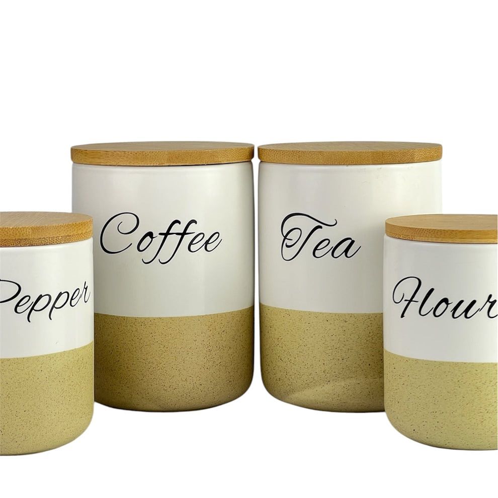 مجموعة مرطبانات التوابل الخزفية المكونة من 7 قطع مع أغطية من الخيزران ورف خشبي 