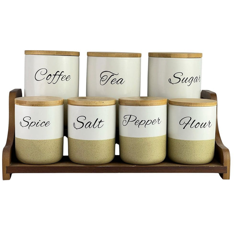 7-Piece Ceramic Spice Jar Set with Bamboo Lids and Wooden Rack