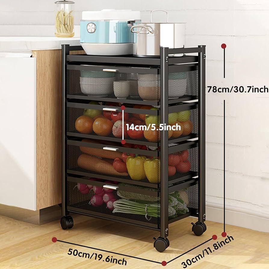 4-Tier Rolling Utility Cart with Mesh Drawers