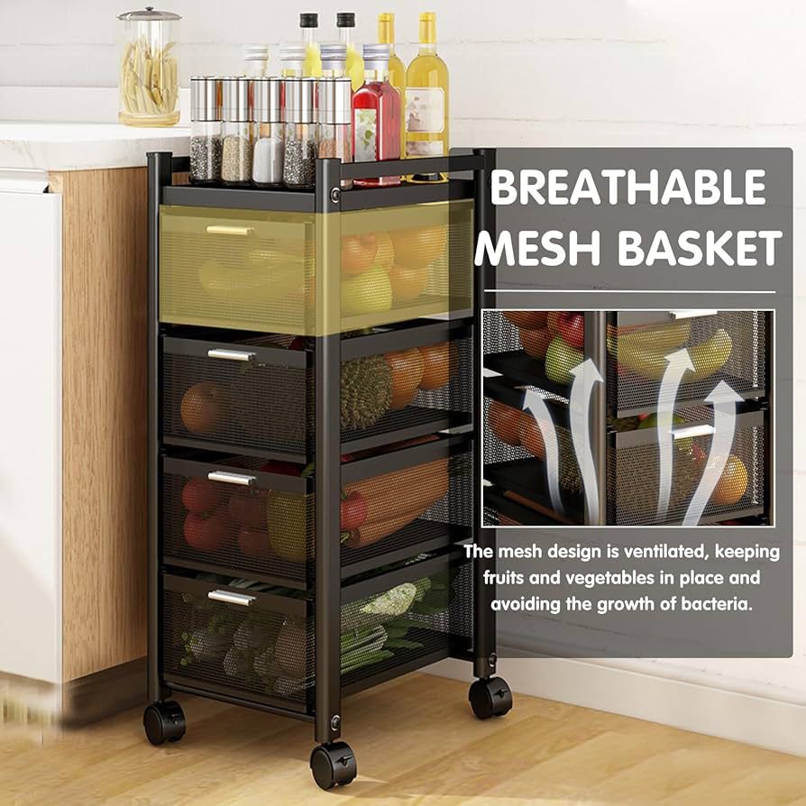 4-Tier Rolling Utility Cart with Mesh Drawers