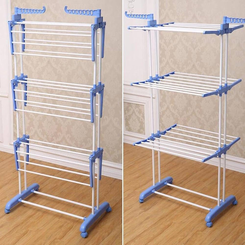 3-Tier Multi-functional Foldable Clothes Drying Rack with Wheels