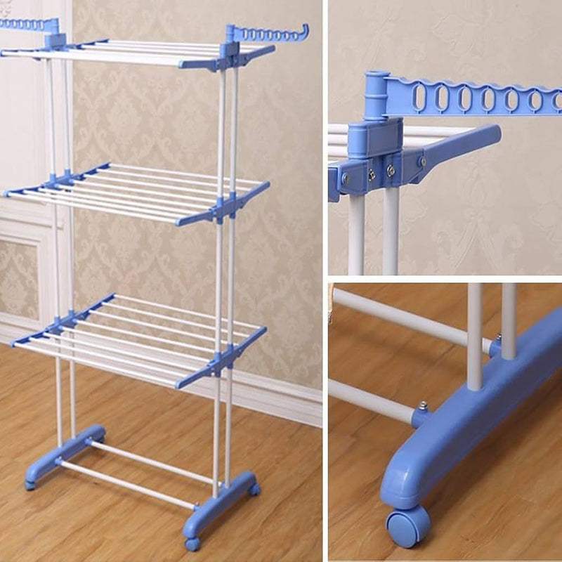 3-Tier Multi-functional Foldable Clothes Drying Rack with Wheels