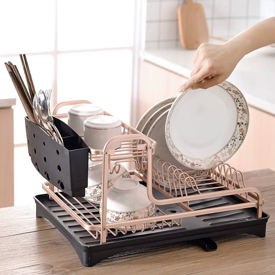2-Tier Aviation Aluminum Dish Drying Rack with Rotatable Drain Spout