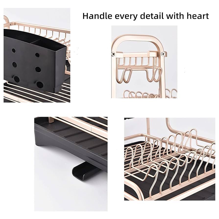 2-Tier Aviation Aluminum Dish Drying Rack with Rotatable Drain Spout