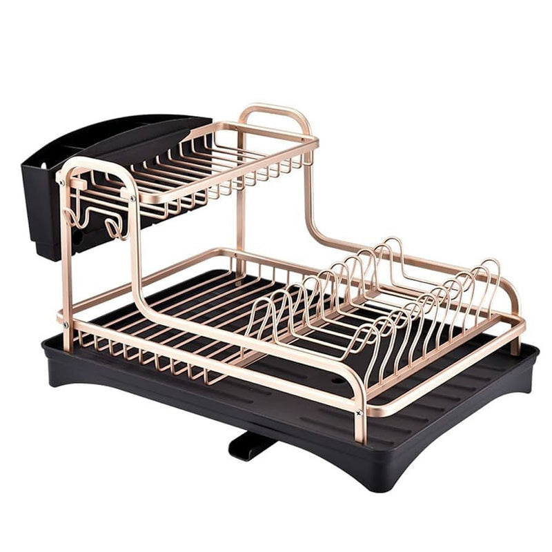 2-Tier Aviation Aluminum Dish Drying Rack with Rotatable Drain Spout