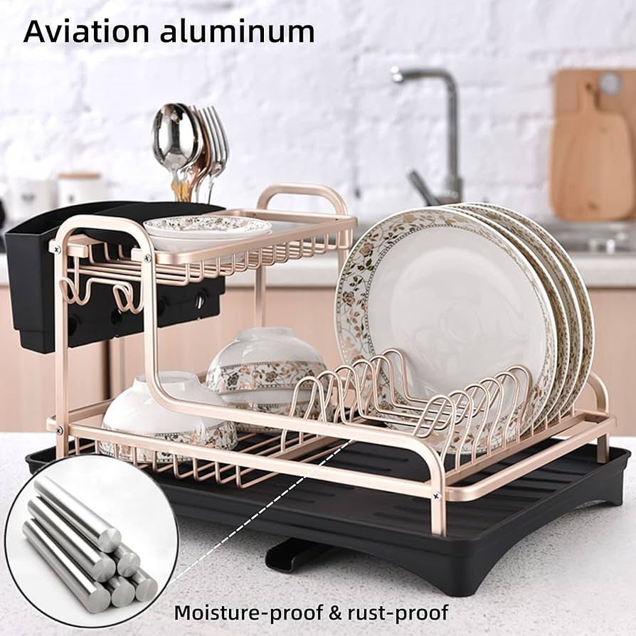 2-Tier Aviation Aluminum Dish Drying Rack with Rotatable Drain Spout