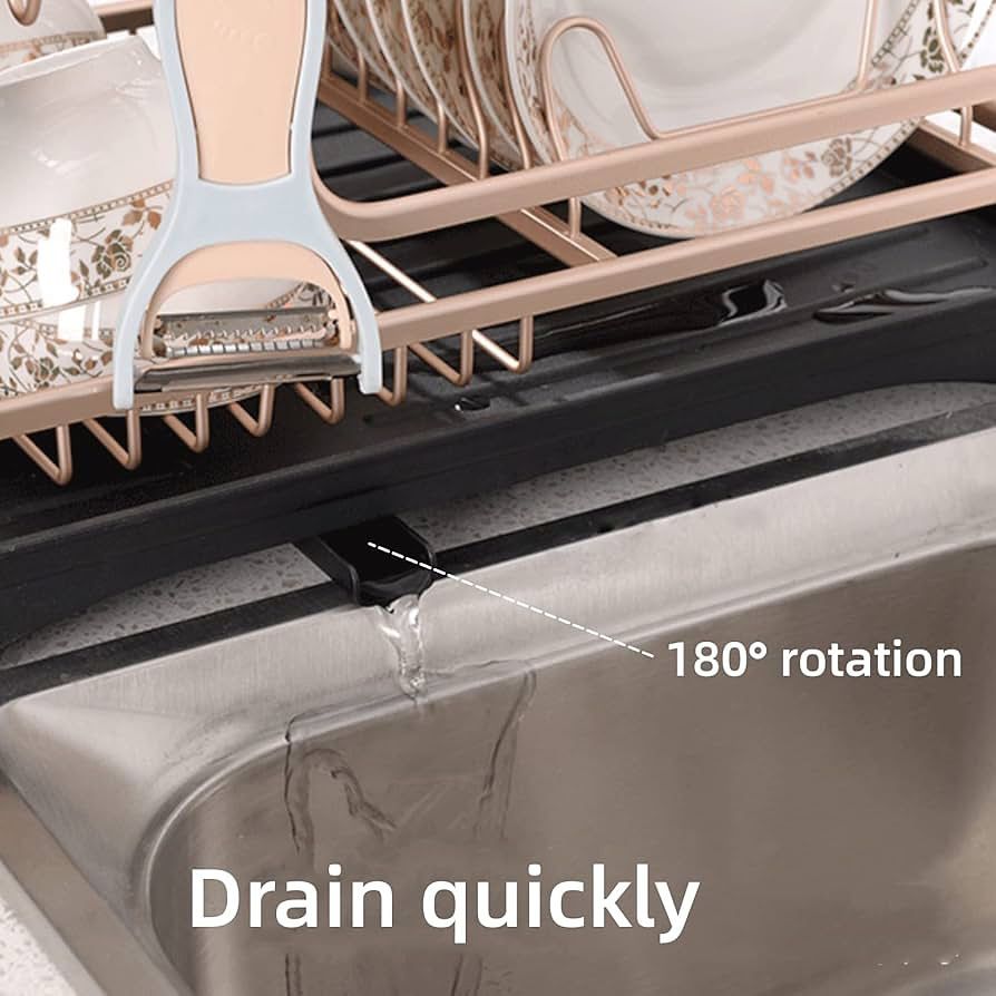 2-Tier Aviation Aluminum Dish Drying Rack with Rotatable Drain Spout