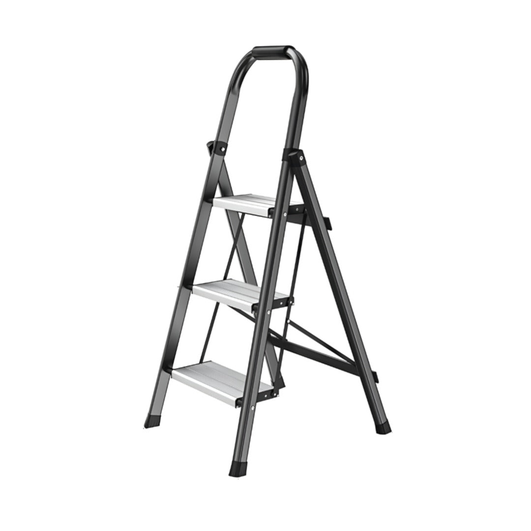 Step ladder with three white rungs on a white background