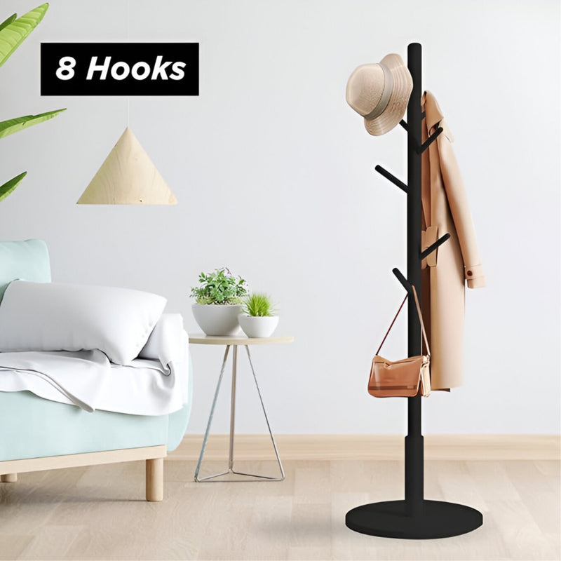 Freestanding Clothes Rack with 8 Hooks, remium Bamboo Wooden Coat Rack Stand