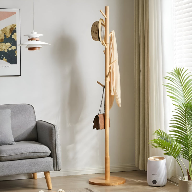 Freestanding Clothes Rack with 8 Hooks, remium Bamboo Wooden Coat Rack Stand
