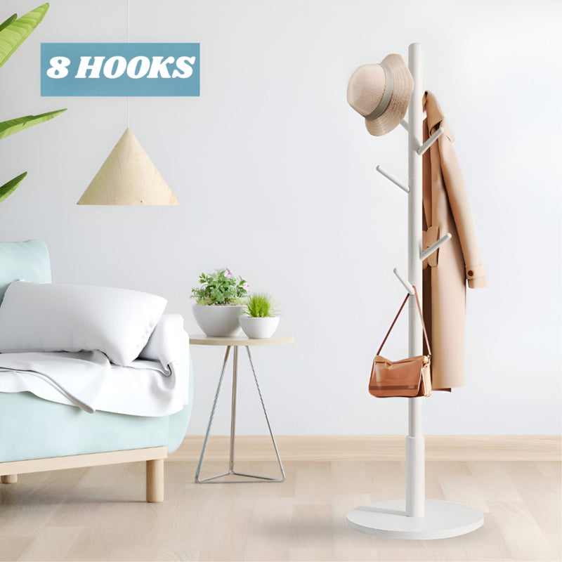 Freestanding Clothes Rack with 8 Hooks, remium Bamboo Wooden Coat Rack Stand