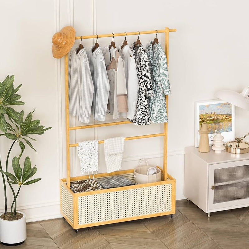 Multi-Functional Clothing Organizer with Rattan Storage Bin