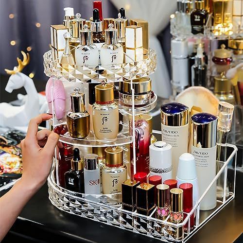 Makeup Organizer,360 Degree Rotating Adjustable Acrylic Clear Cosmetic Storage Display Case with 8 Layers Large Capacity, Fits Jewelry,Makeup Brushes, Lipsticks and More