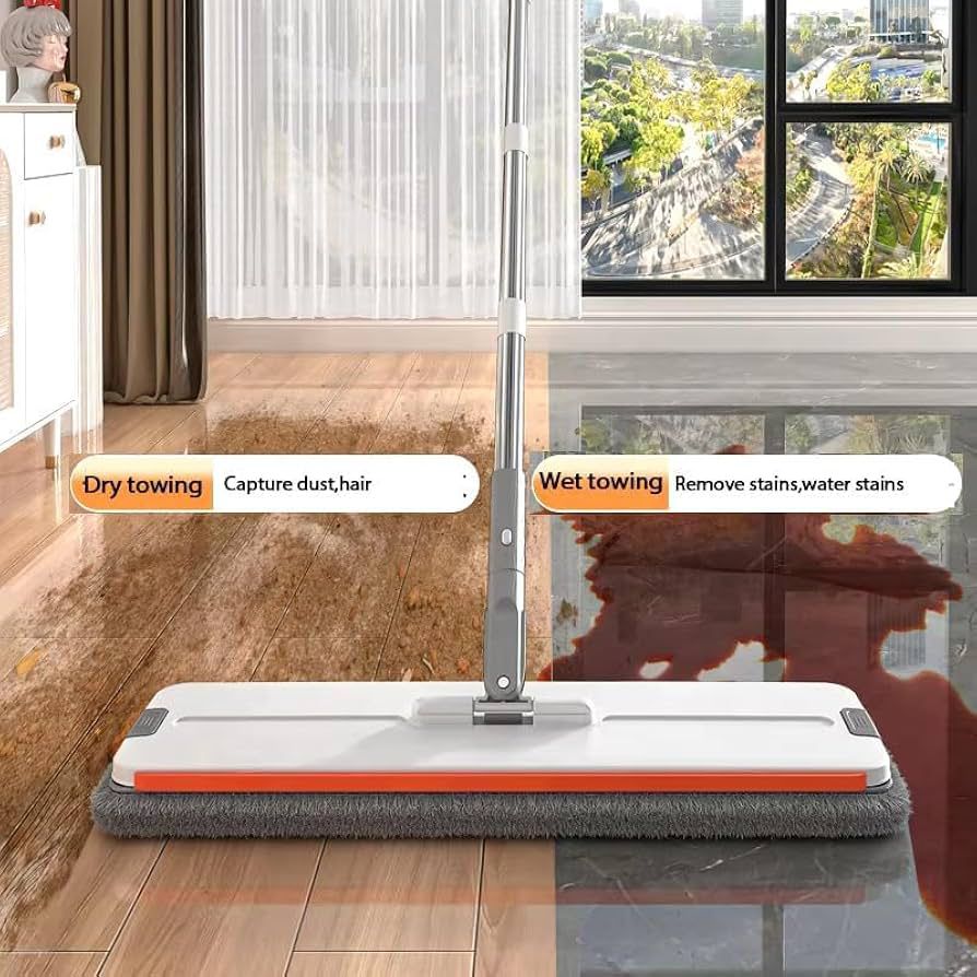 Flat Mop with Microfiber Pads – Hand-Free Squeeze Mop – 360° Rotating Head – Extendable Stainless Steel Handle