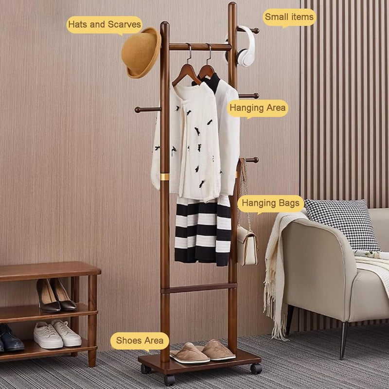 Modern Rolling Wooden Garment Rack with 2 Shelves and Hooks