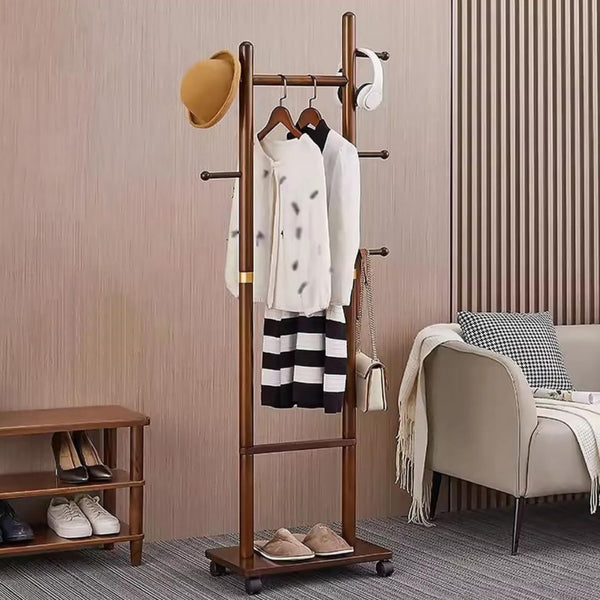 Modern Rolling Wooden Garment Rack with 2 Shelves and Hooks