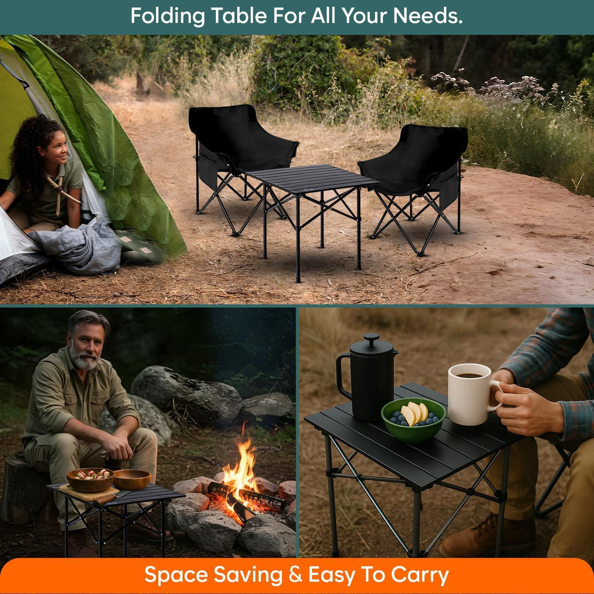 Multipurpose Folding Camping Table with Roll-up Tabletop | Compact & Portable | Best for Hiking, Picnic, Garden, BBQ & Outdoor Use (Black, Medium)